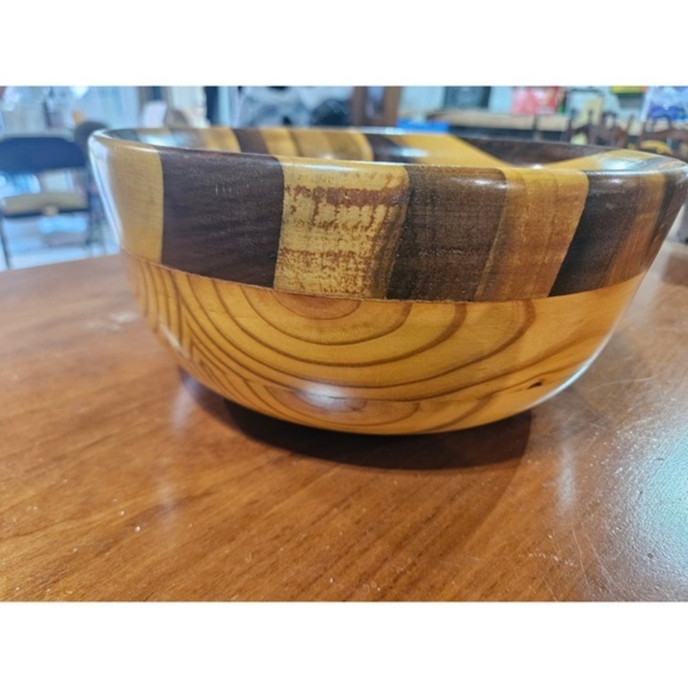 Handmade Segmented Wood Bowl Mixed Grain Decorative Artisan Centerpiece Brown